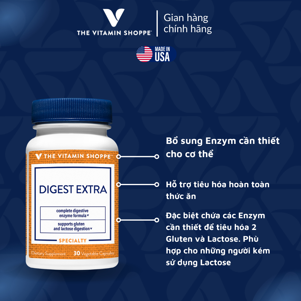 Men Tiêu Hóa Tăng Cường Hấp Thu & Chống Khó Tiêu THE VITAMIN SHOPPE Digest Extra 30 viên