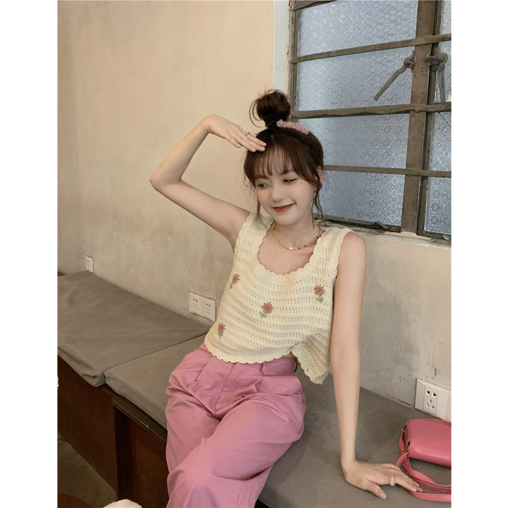 Áo 2 dây bản to in hoa, cổ rộng phong cách dễ thương Lemontaobao