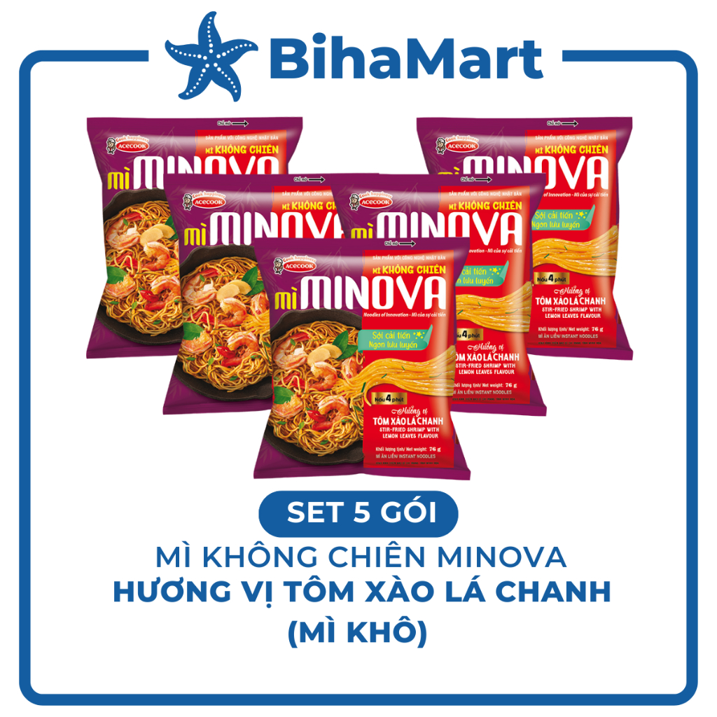 - ACECOOK - MINOVA Mì không chiên hương vị tôm xào lá chanh (76g/gói) - Mì Minova tôm xào lá chanh