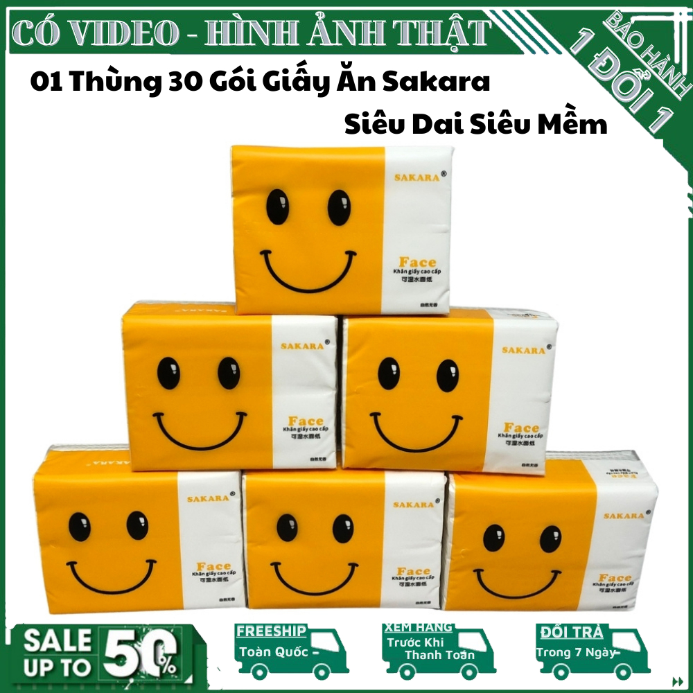 Thùng 30 Gói Giấy Ăn Mặt Cười Sakara Siêu Mịn, Siêu Dai, Bốn Lớp, Giấy Ăn Cao Cấp Nhập Khẩu - An Toàn Cho Mẹ Bầu &amp; Em Bé