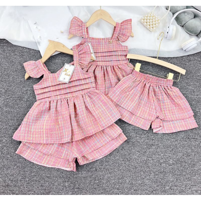 Bộ  kẻ hồng cánh tiên quần tầng 2 lớp xinh xắn bé gái