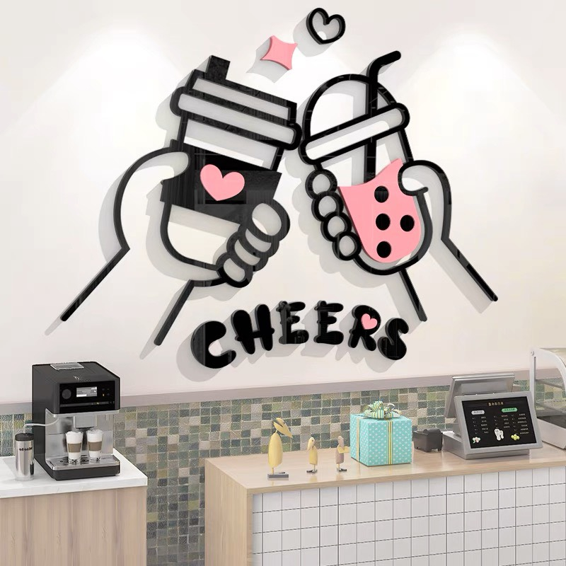 Tranh dán tường mica dán nổi hello milk tea trang trí quán cafe, trà sữa, ăn vặt, quán ăn nhanh