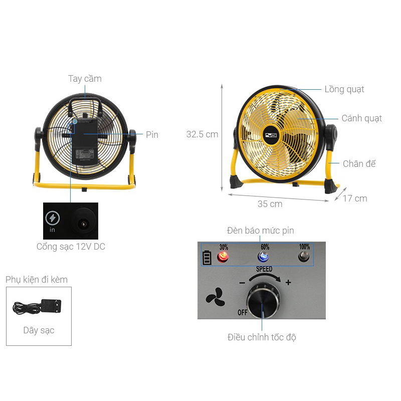 Quạt Sạc Cao Cấp AC ARF01D113 Công Suất 10W Cánh 10 Inch, Pin Lithium-ion 7500mAh Hàng Chính Hãng