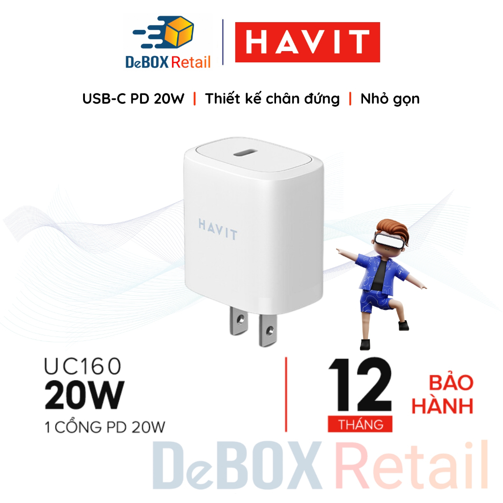 Củ Sạc Nhanh HAVIT UC160, Cổng USB-C Power Delivery 20W, Thiết kế nhỏ gọn - Hàng Chính Hãng
