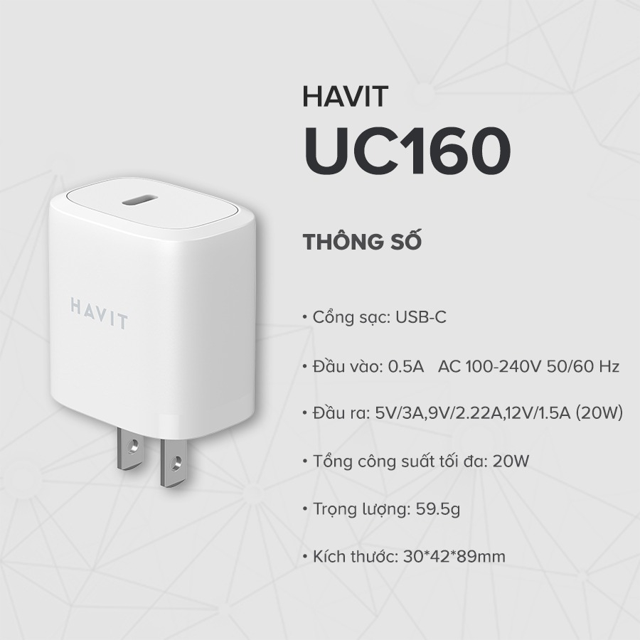 Củ Sạc Nhanh HAVIT UC160, Cổng USB-C Power Delivery 20W, Thiết kế nhỏ gọn - Hàng Chính Hãng