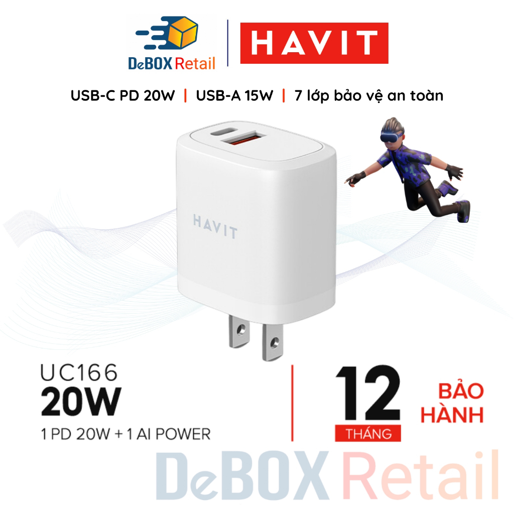 Củ Sạc 2 Cổng HAVIT UC166, USB-C Sạc Nhanh Power Delivery 20W, USB-A sạc 12W - Hàng Chính Hãng