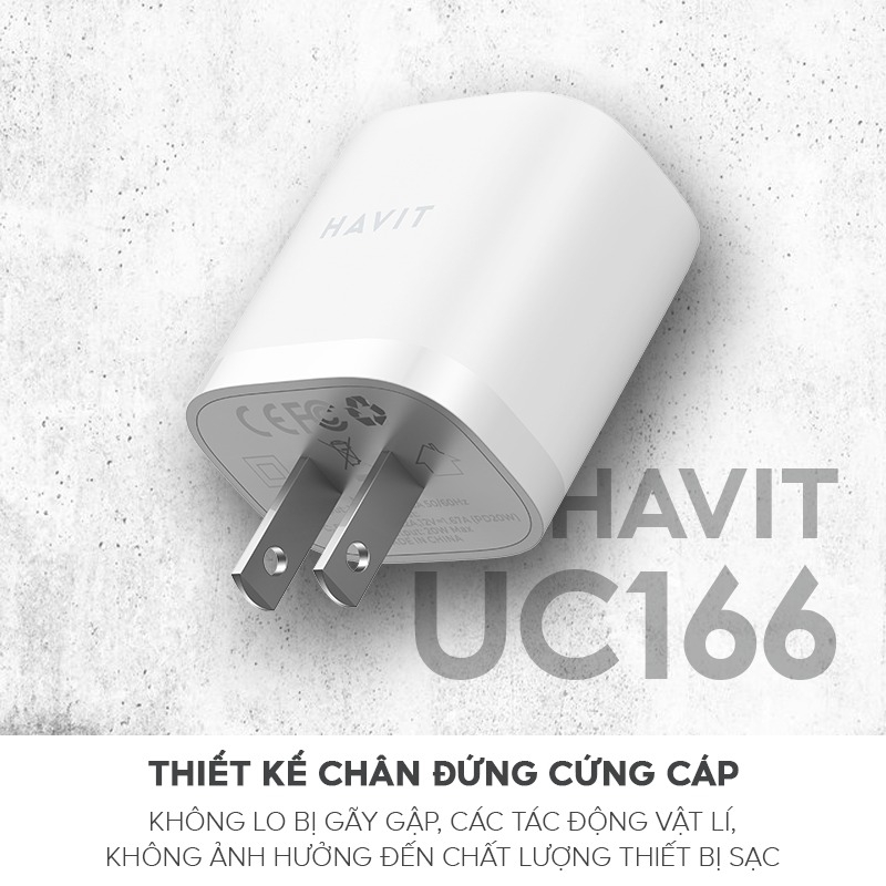 Củ Sạc 2 Cổng HAVIT UC166, USB-C Sạc Nhanh Power Delivery 20W, USB-A sạc 12W - Hàng Chính Hãng