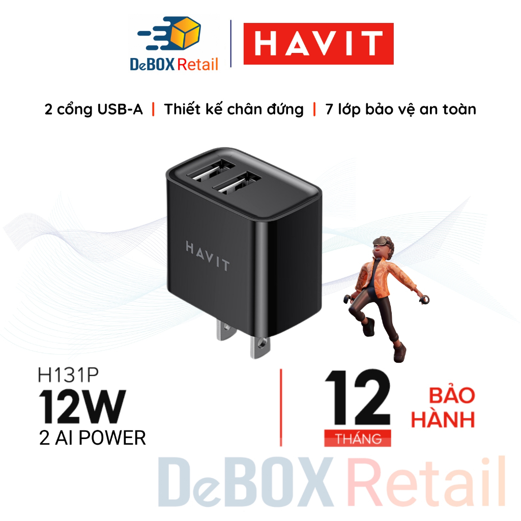 Củ Sạc nhanh 2 Cổng HAVIT H131P, Công Nghệ Ai Power, USB - A Công Suất Tối Đa 12W (Đen) - Hàng Chính Hãng