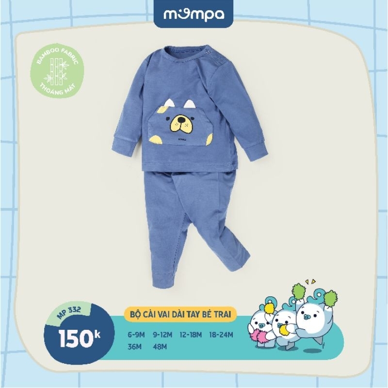 Bộ dài tay cài vai bé trai Mompa chất bamboo 6-48M