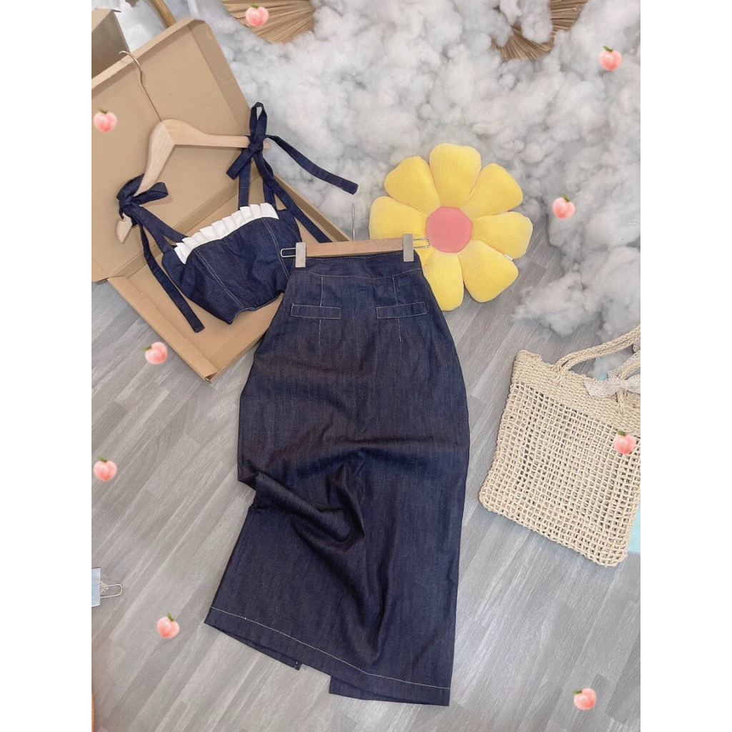 SET ÁO CROPTOP JEAN PHỐI CỘT NƠ VAI + CHÂN VÁY MIDI SUÔNG JEAN