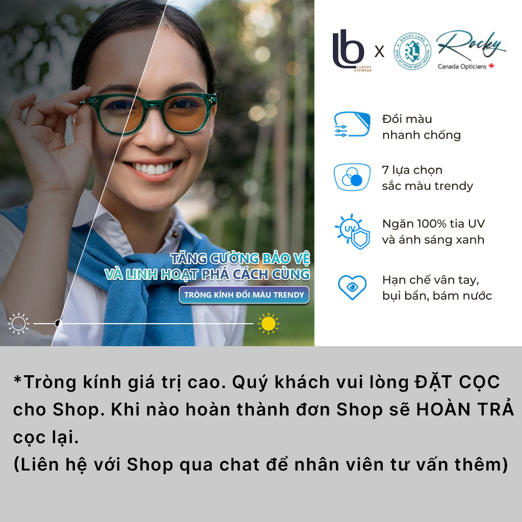 Tròng mắt kính đổi màu LB Luxury Eyewear kính mắt cận nam nữ 8 màu chống tia UV, ánh sáng xanh Rocky