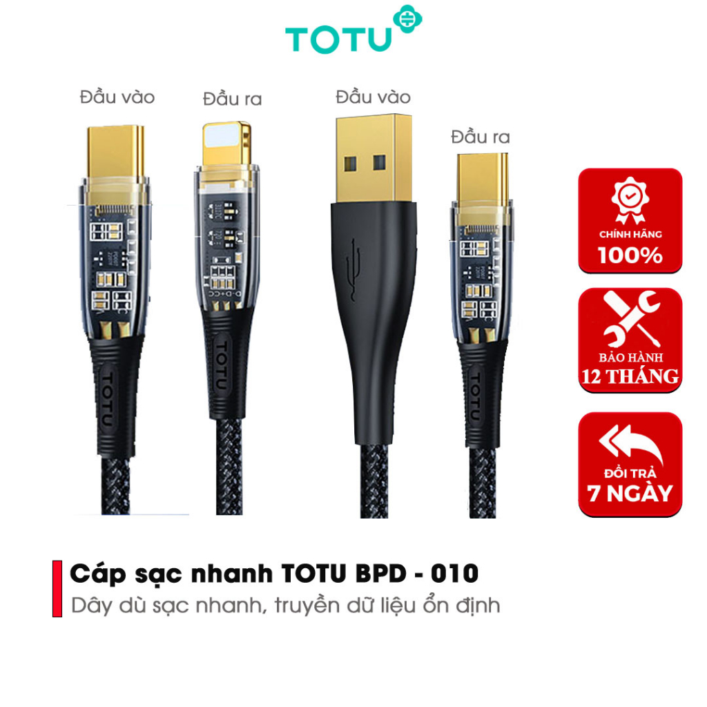 Dây Cáp Sạc Nhanh Bpd - 010 Chính Hãng Totu Đầu Vào Của Cáp Có 2 Loại Usb Và Type - C Dùng Được Cho Mọi Loại Điện Thoại