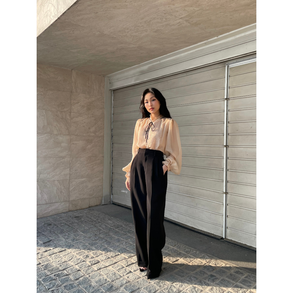 Áo sơ mi tơ tằm cổ bèo ruy băng nơ HUONG BOUTIQUE HBSM1037, 2 màu nâu bò &amp; be