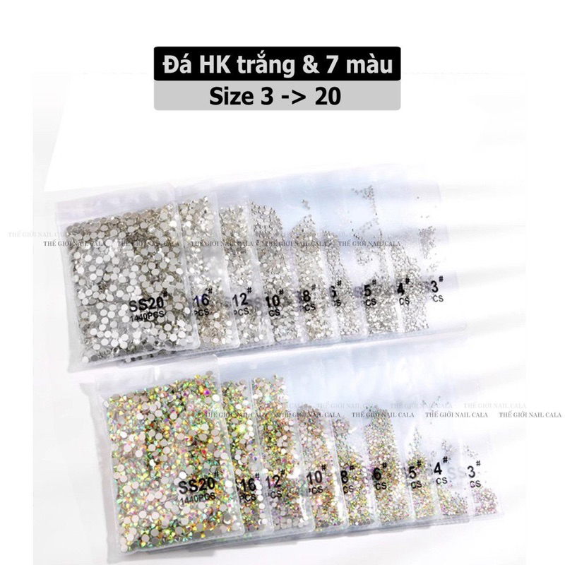 Đá hk trắng 7 màu - Đá trắng lẻ size , đá 7 màu lẻ số , Đá trắng size nhỏ gói 1440 viên