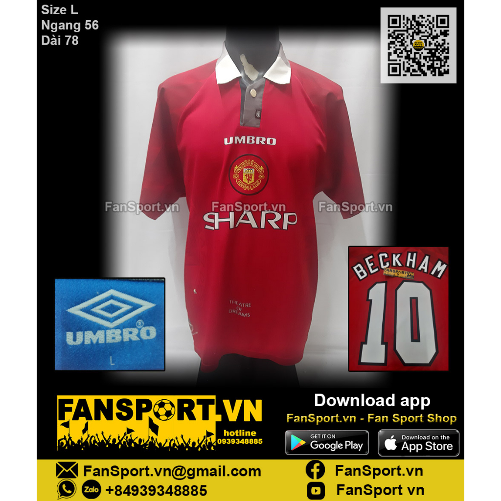 Áo đấu cầu thủ bóng đá David Beckham 10 Manchester United 1996-1997 home shirt jersey Umbro chính hãng L