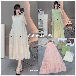 Váy maxi cổ yếm họa tiết hoa nổi đủ 4 màu ảnh thật