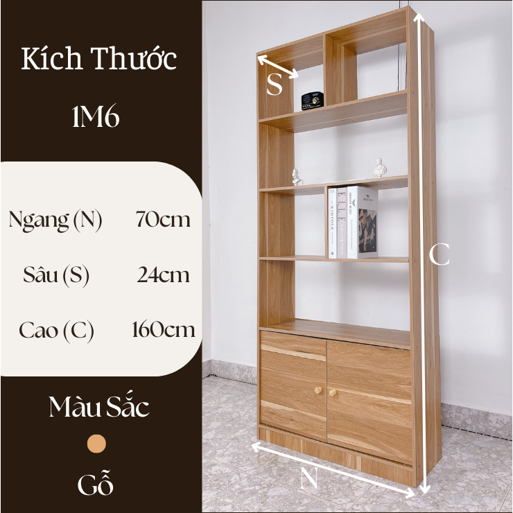 Kệ sách gỗ Tủ đựng đồ nhiều ngăn chất liệu MDF hiện đại chống nước tốt - 1M6