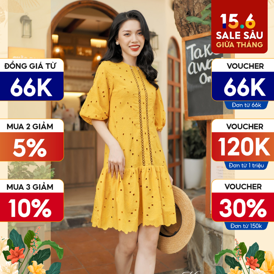 Đầm Thiết Kế Dáng Xòe Nữ HeraDG Cổ Tròn Tay Bồng Phối Ren Thời Trang, Chất Vải Thô Thêu Cao Cấp SDPBA044
