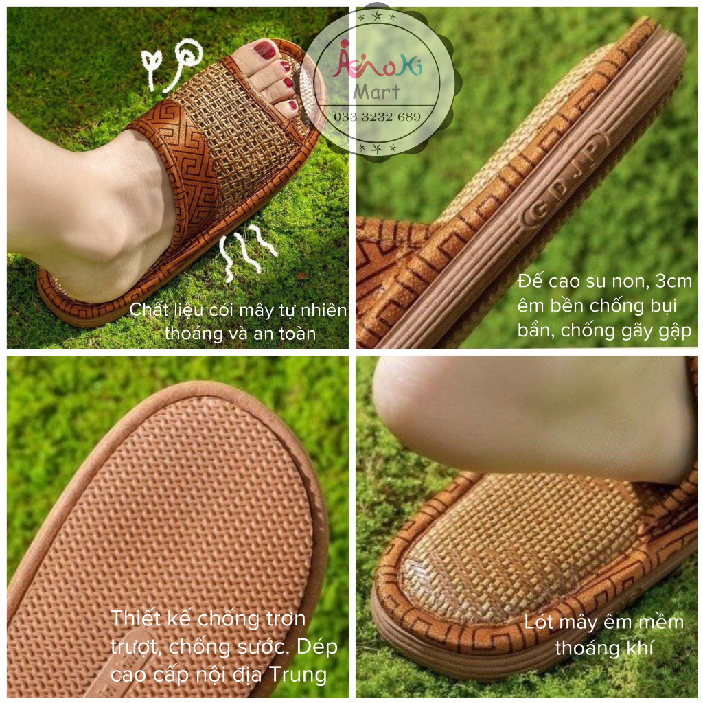Dép Cói Mây Đi Trong Nhà Viền Nâu Mokimart 4 Mùa, Dép Đi Văn Phòng Êm Mềm, Thoáng Chân, Chống Hôi, Chống Trơn Trượt