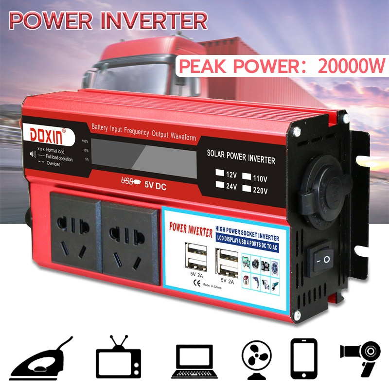 Biến tần nguồn ô tô, Bộ chuyển đổi nguồn di động tiện lợi, Bộ chuyển đổi điện áp DC 24V sang AC 220V, với 4 USB