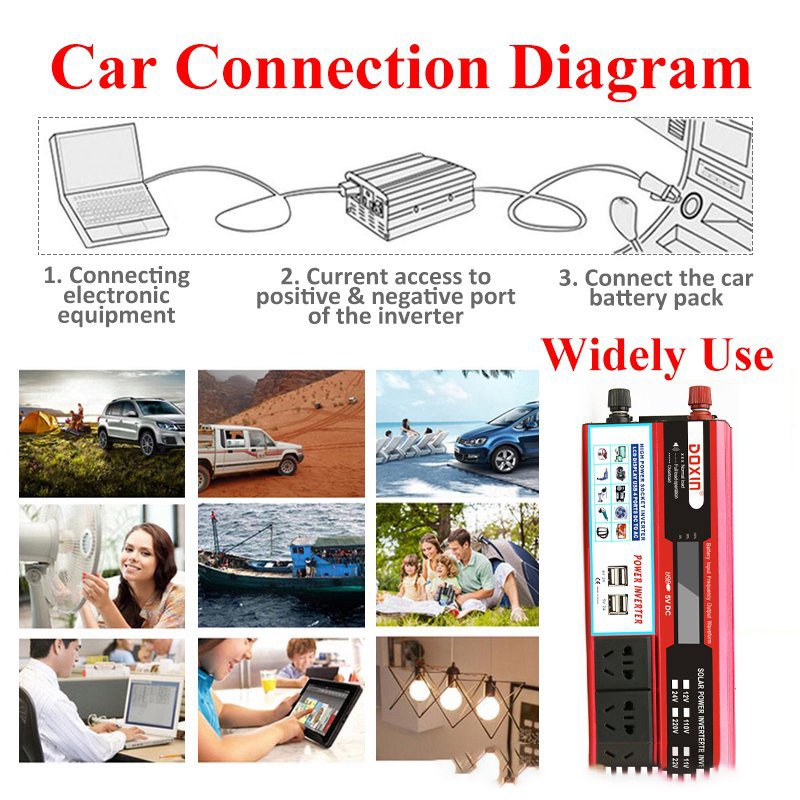 Biến tần nguồn ô tô, Bộ chuyển đổi nguồn di động tiện lợi, Bộ chuyển đổi điện áp DC 24V sang AC 220V, với 4 USB