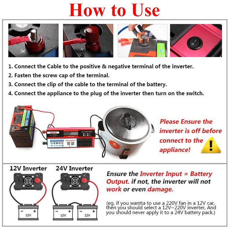 Biến tần nguồn ô tô, Bộ chuyển đổi nguồn di động tiện lợi, Bộ chuyển đổi điện áp DC 24V sang AC 220V, với 4 USB