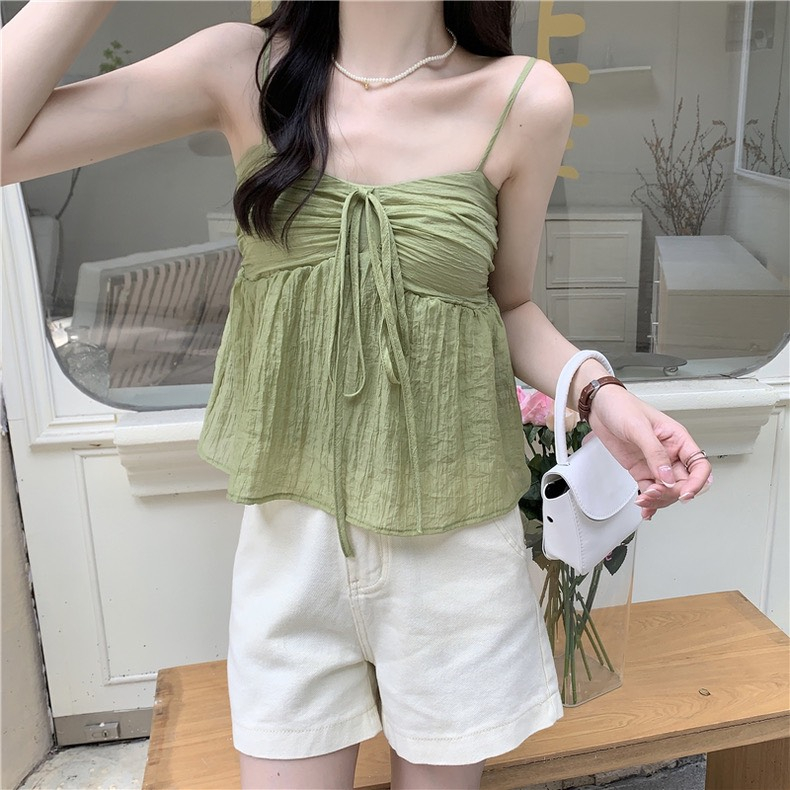 Áo trễ vai hai dây cổ buộc kiểu hàn, Áo 2 dây babydoll đi biển vintage kiểu dáng basic quảng châu