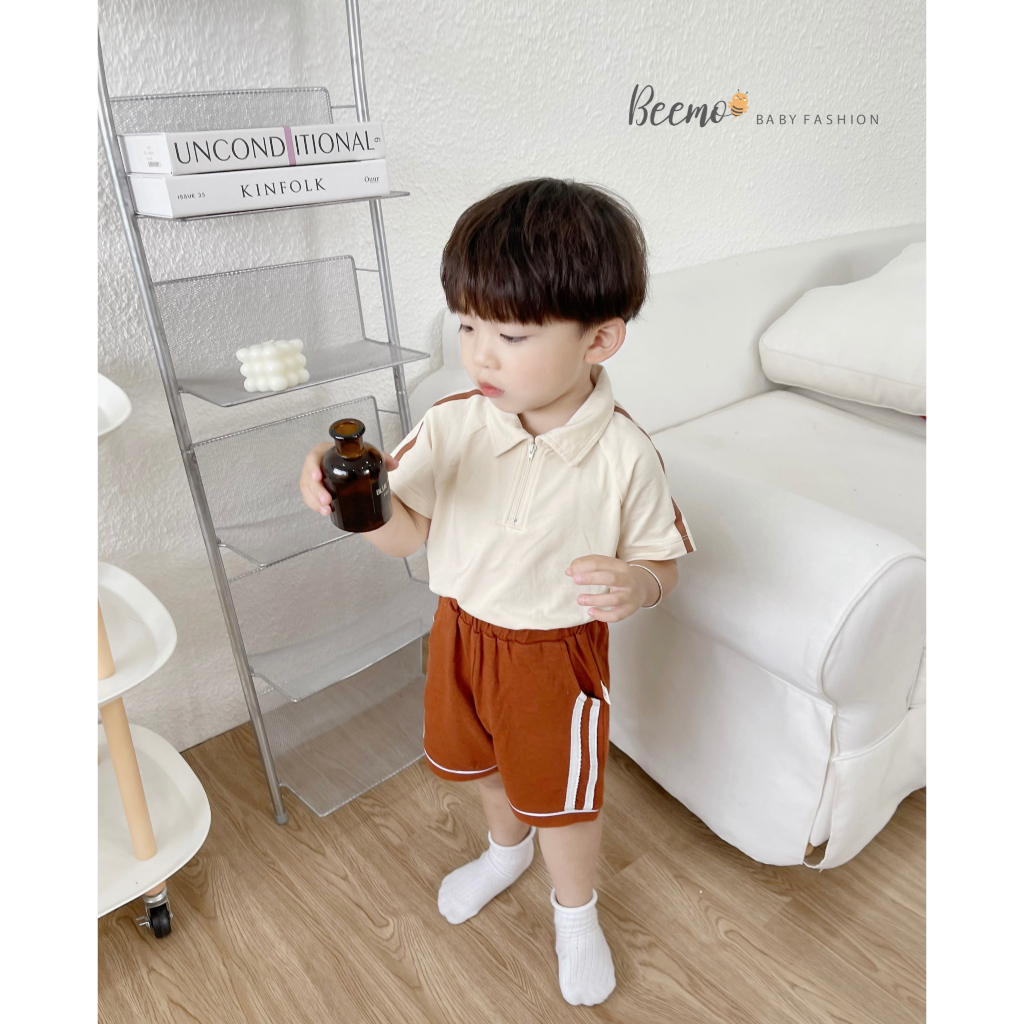 Bộ Polo kéo khóa in Gấu cho bé trai Beemo,Chất liệu cotton mềm mại, siêu mát,co giãn,điểm nhấn vai áo in dây kẻ B339