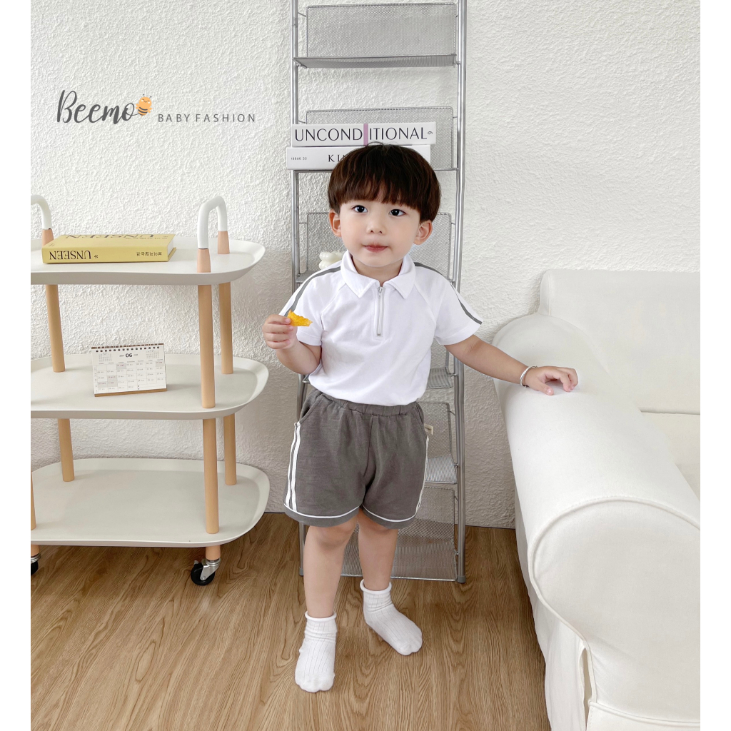 Bộ Polo kéo khóa in Gấu cho bé trai Beemo,Chất liệu cotton mềm mại, siêu mát,co giãn,điểm nhấn vai áo in dây kẻ B339