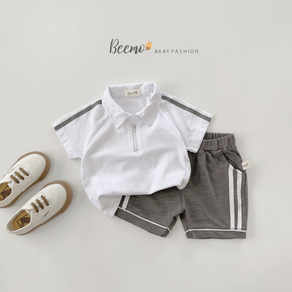 Bộ Polo kéo khóa in Gấu cho bé trai Beemo,Chất liệu cotton mềm mại, siêu mát,co giãn,điểm nhấn vai áo in dây kẻ B339