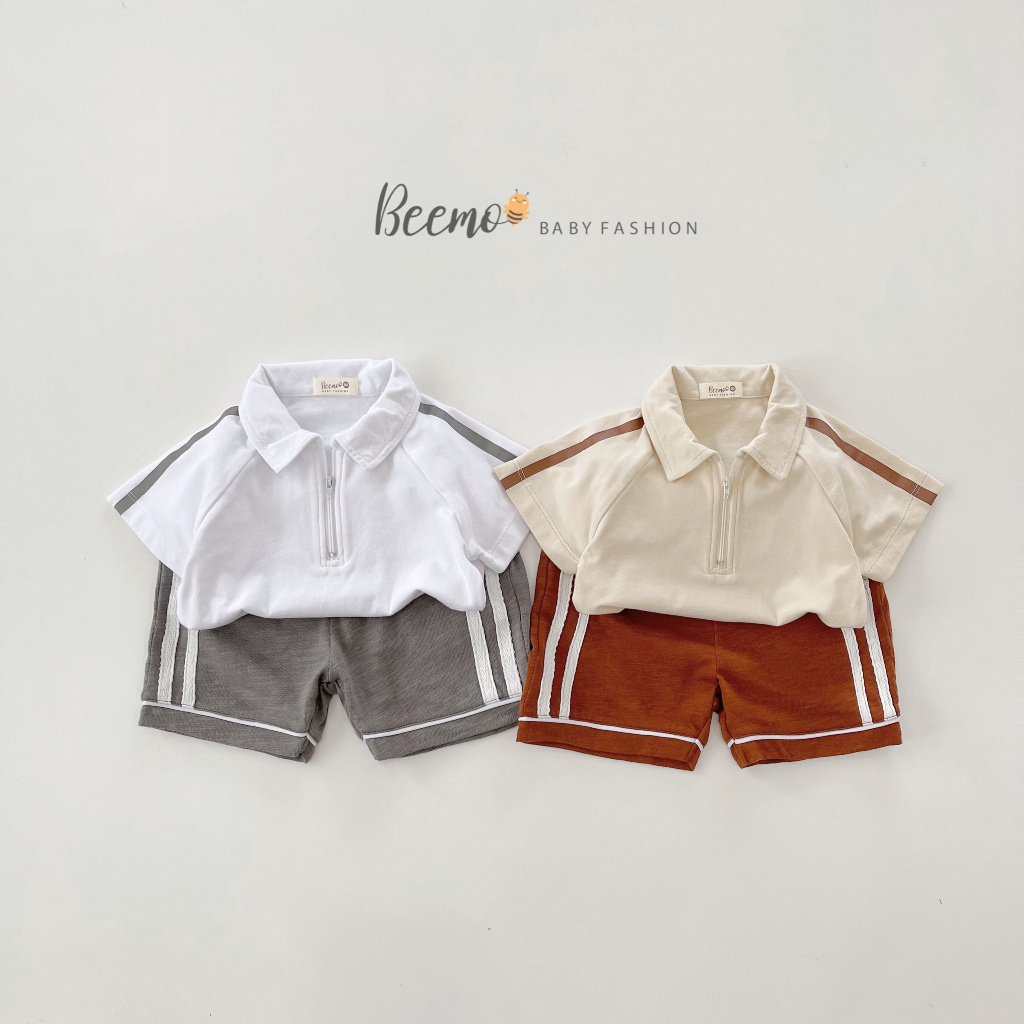 Bộ Polo kéo khóa in Gấu cho bé trai Beemo,Chất liệu cotton mềm mại, siêu mát,co giãn,điểm nhấn vai áo in dây kẻ B339