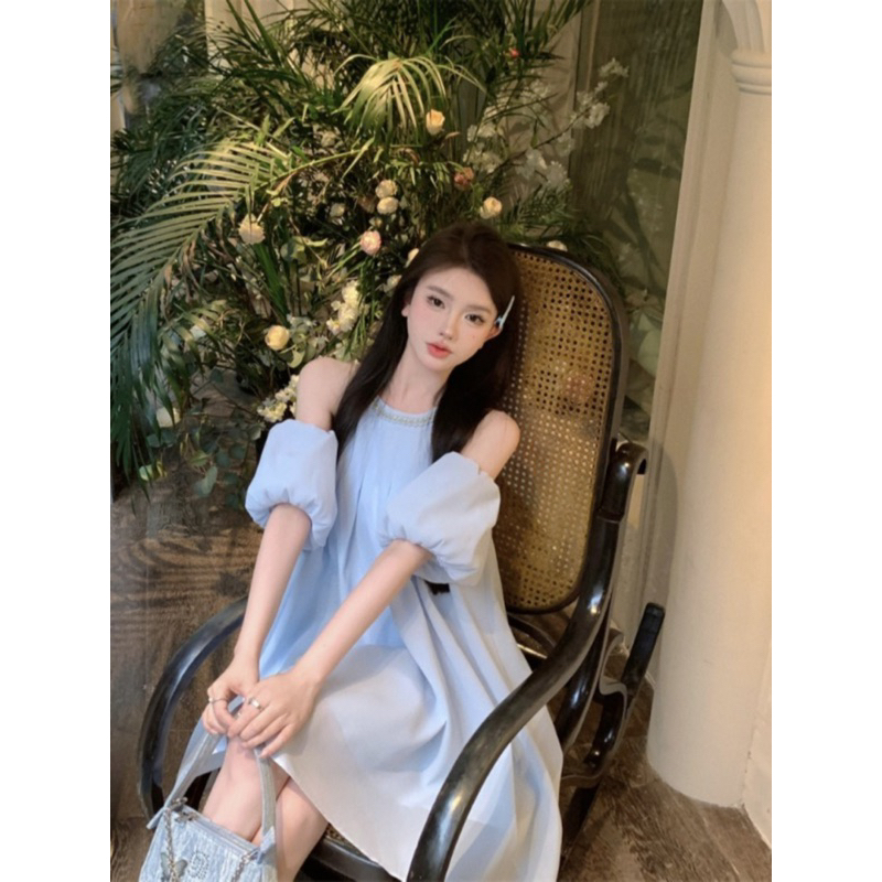 Đầm Váy Baby Doll Nữ Dáng Rộng Trễ Vai Thiết Kế Xoè Vải Hai Lớp Mát Màu Xanh Trắng Tiểu Thư Mẫu Mới 2023 Đi Biển Dự Tiệc