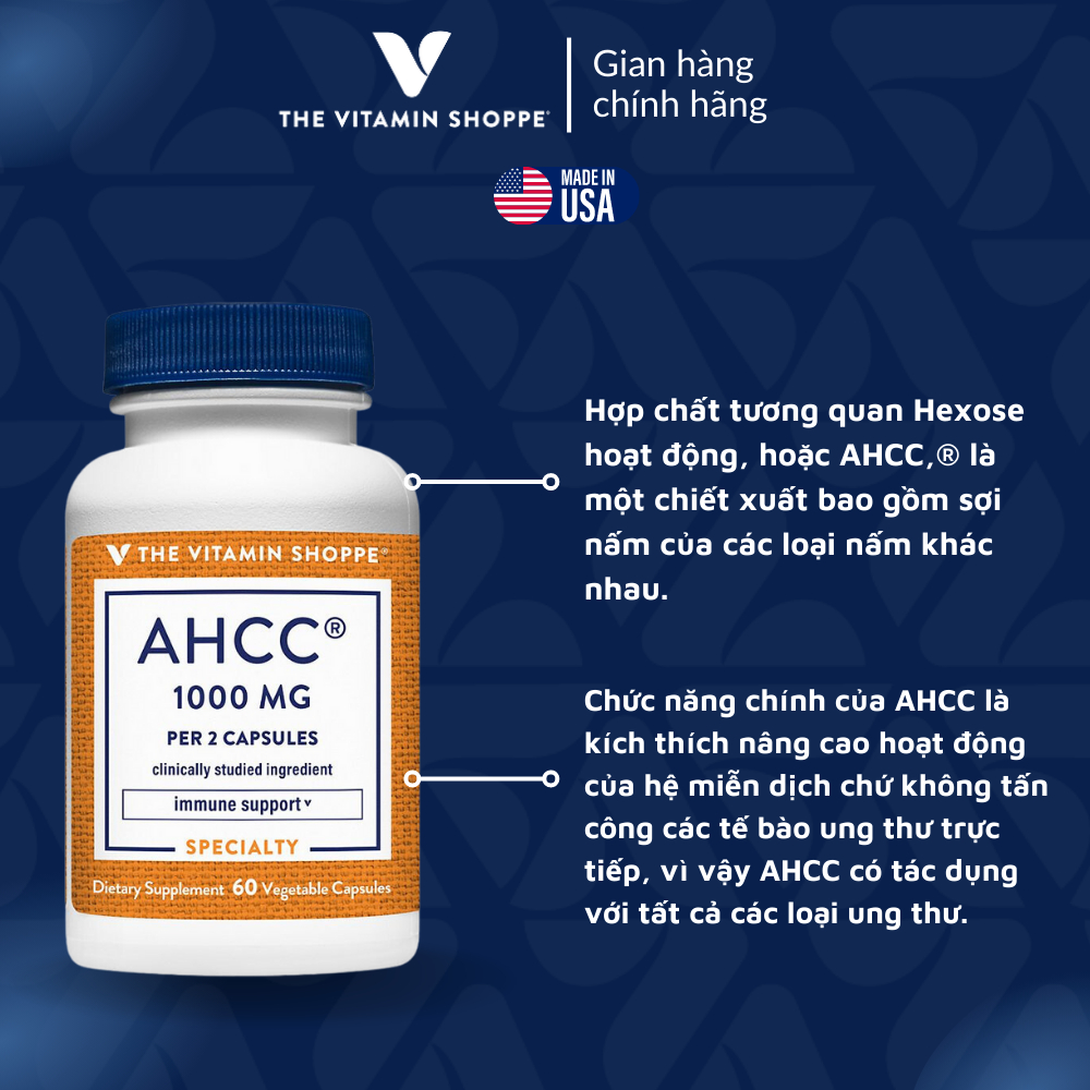 Viên Uống Tăng Sức Đề Kháng & Tế Bào Miễn Dịch The Vitamin Shoppe AHCC 1000MG 60 viên