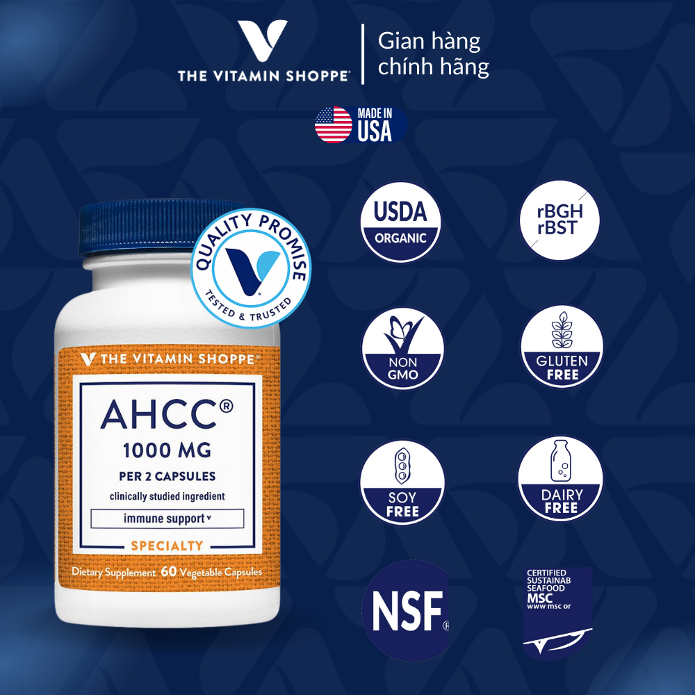 Viên Uống Tăng Sức Đề Kháng & Tế Bào Miễn Dịch The Vitamin Shoppe AHCC 1000MG 60 viên
