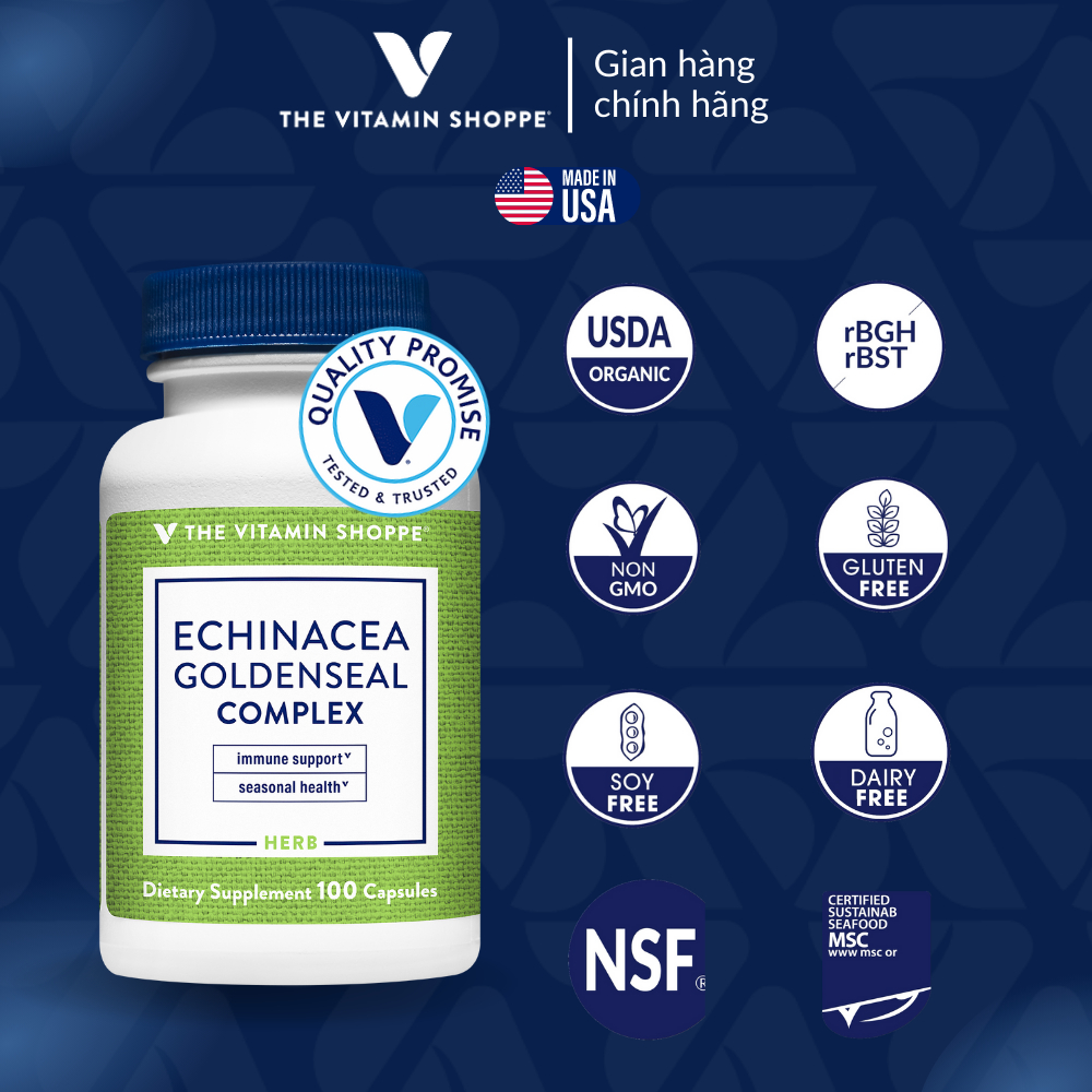 Viên Uống Tăng Đề Kháng, Ngừa Cảm Cúm, Cúm Mùa THE VITAMIN SHOPPE Echinacea Goldenseal Complex 100/300 viên