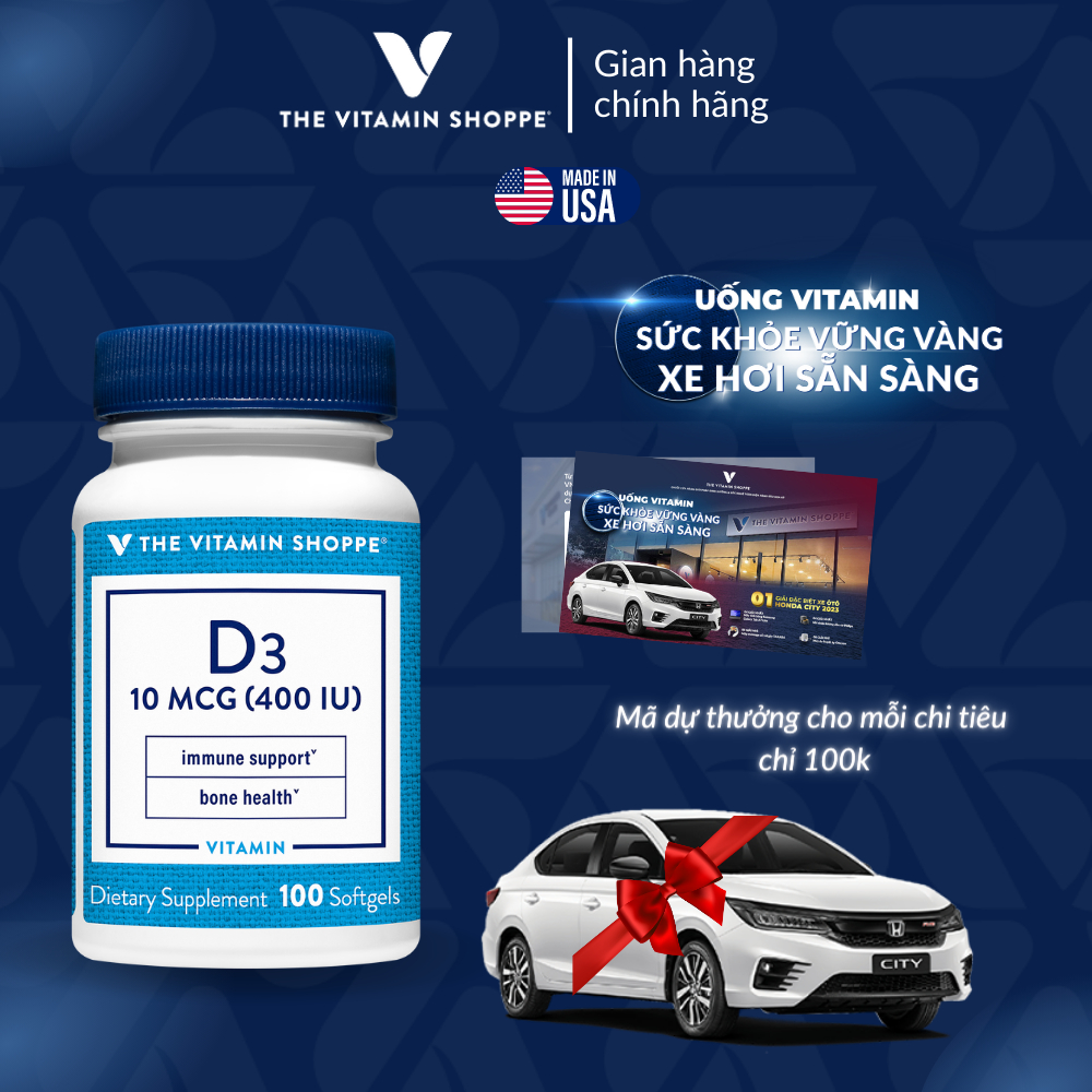 Viên Uống Bổ Sung Vitamin D3, Tăng Cường Hấp Thu Canxi The Vitamin Shoppe 100 viên 400 IU/ 2000 IU