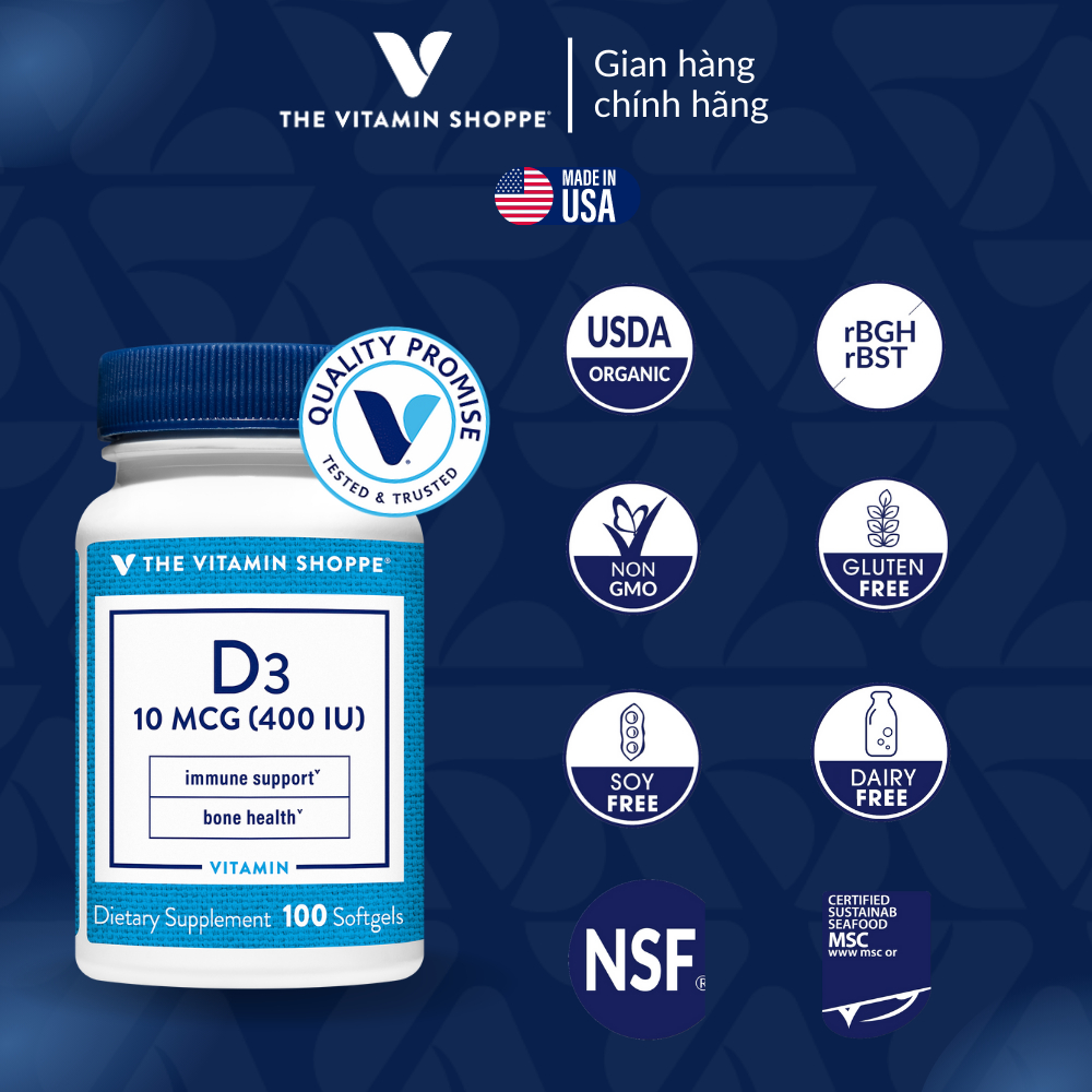 Viên Uống Bổ Sung Vitamin D3, Tăng Cường Hấp Thu Canxi The Vitamin Shoppe 100 viên 400 IU/ 2000 IU