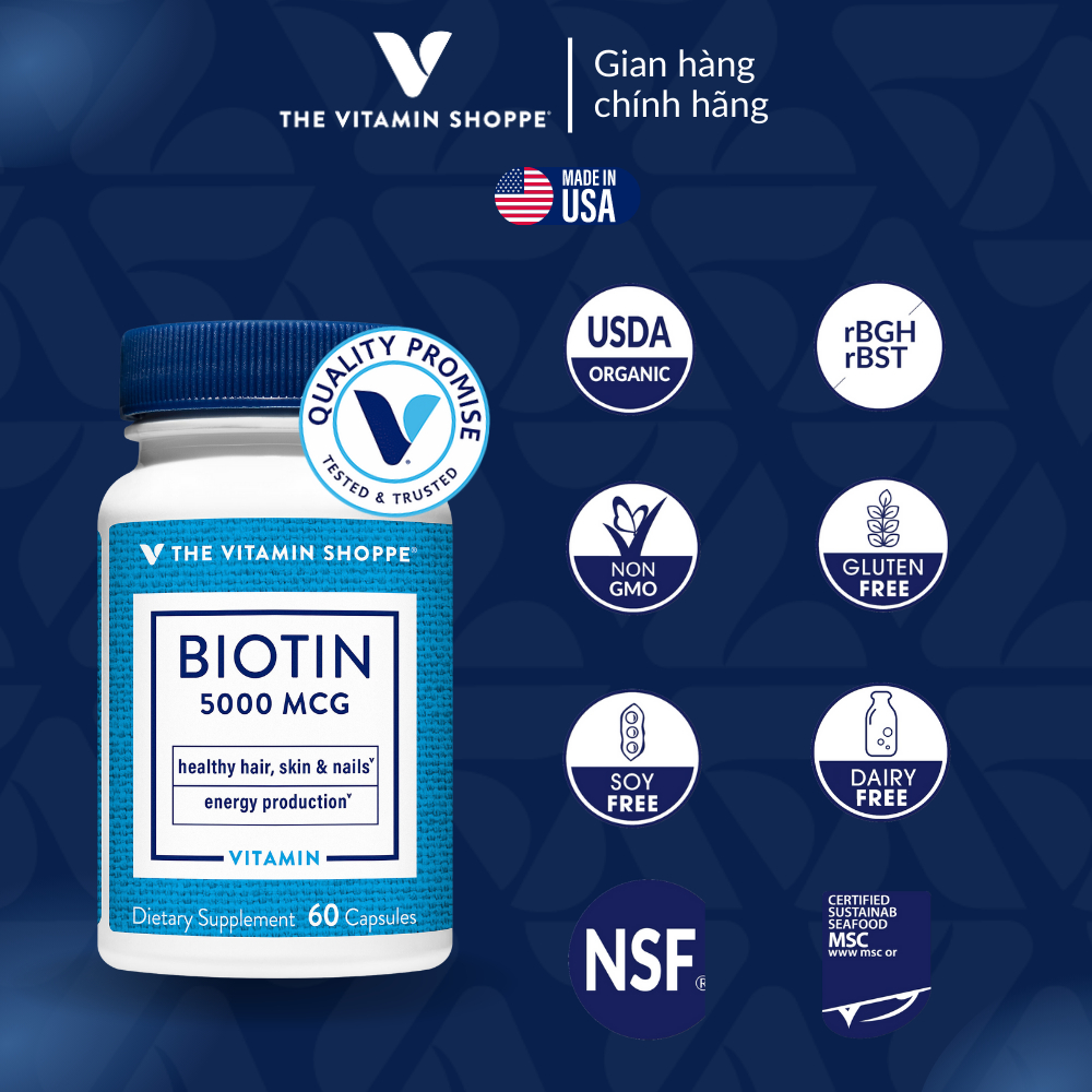 Viên Uống Hỗ Trợ Sức Khỏe Da, Tóc, Móng THE VITAMIN SHOPPE Biotin 5000 MCG 60 viên