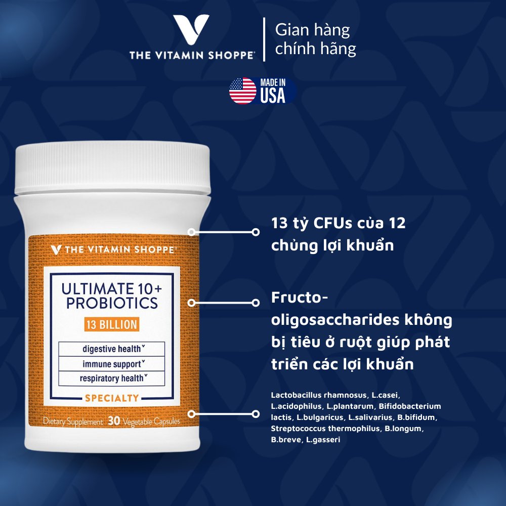 Viên uống bổ sung lợi khuẩn đường ruột THE VITAMIN SHOPPE Ultimate 10+ Probiotics 13 Billion 30 viên