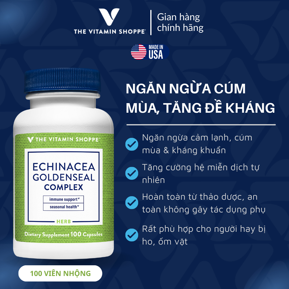 Viên Uống Tăng Đề Kháng, Ngừa Cảm Cúm, Cúm Mùa THE VITAMIN SHOPPE Echinacea Goldenseal Complex 100/300 viên