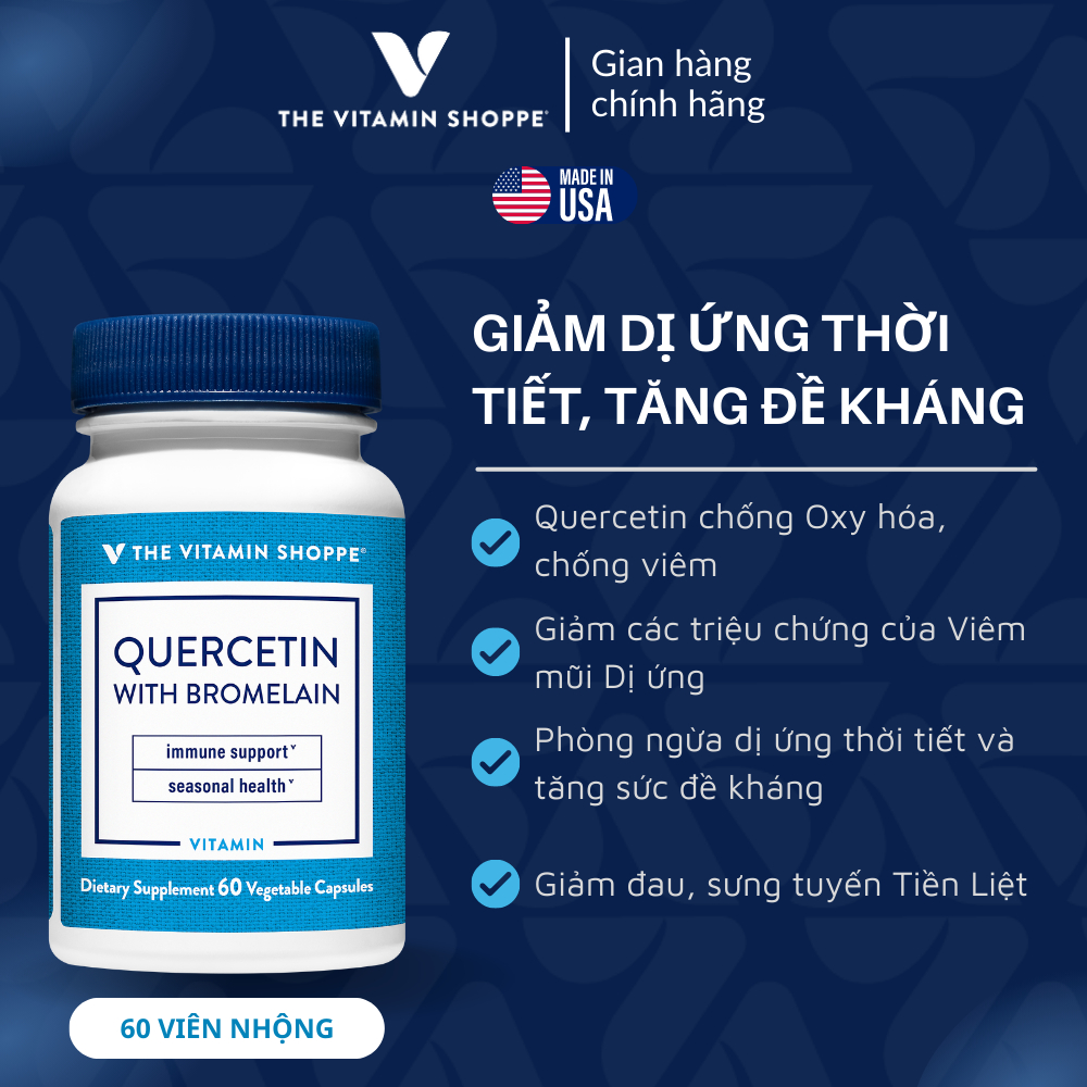 Viên Uống Giảm Dị Ứng và Viêm Mũi Dị Ứng THE VITAMIN SHOPPE Quercetin With Bromelain 60 viên