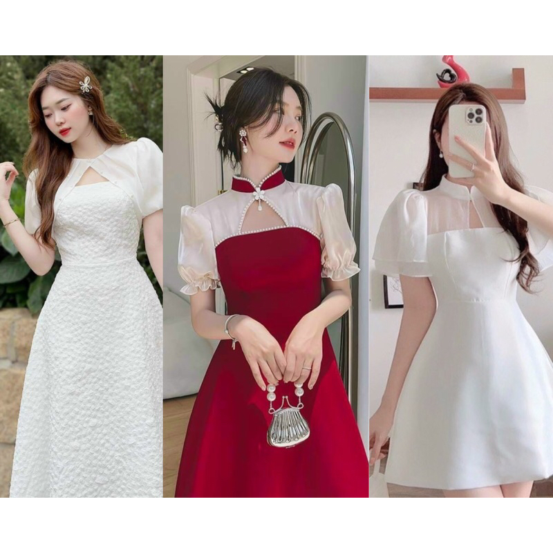 Đầm Cổ Tàu Tay Bồng Xinh Xắn Phối Bèo Voan Cho Các Nàng Đi Dự Tiệc, Đám Cưới