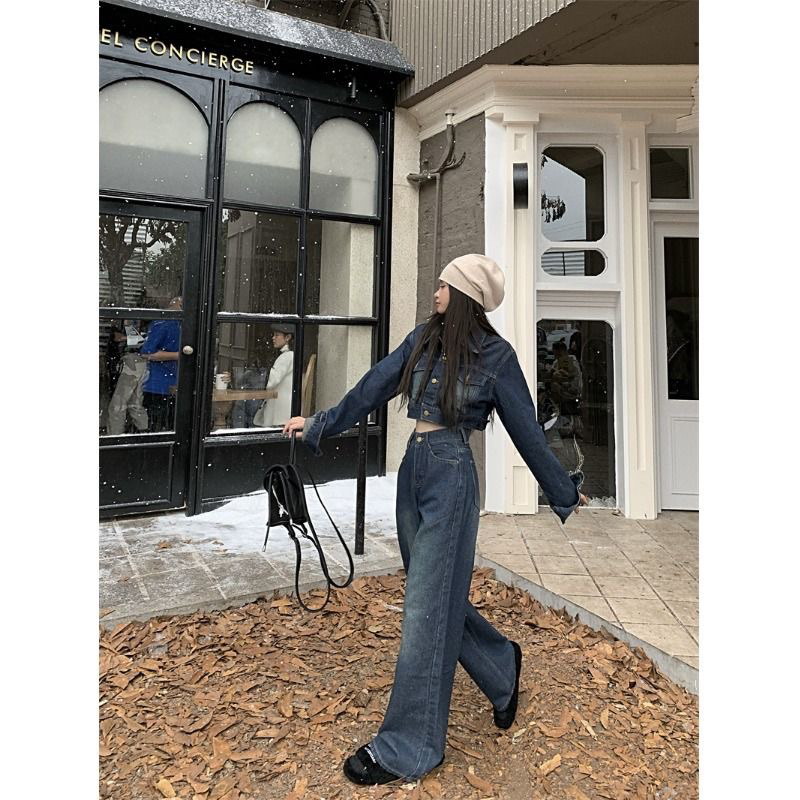 Set Áo Croptop Jean Denim Quần Ống Suông Phong Cách Nữ 2023