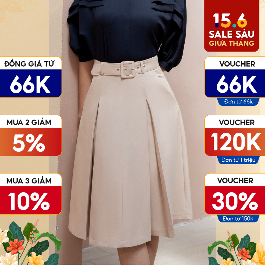 Chân váy công sở nữ dáng xòe HeraDG thiết kế xếp ly trước kết hợp đai thắt eo giúp che khuyết điểm SJPBB3039