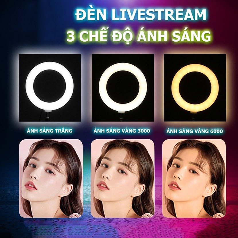 Đèn Livestream 26cm, 33cm Kèm Chân 2m1, 3 Chế Độ Đèn Tùy Chỉnh - HiTech