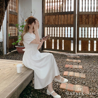 Váy sơ mi trắng cổ thuỷ thủ tay cộc dáng dài xoè a buộc nơ eo dịu dàng Hana dress Mayberoom