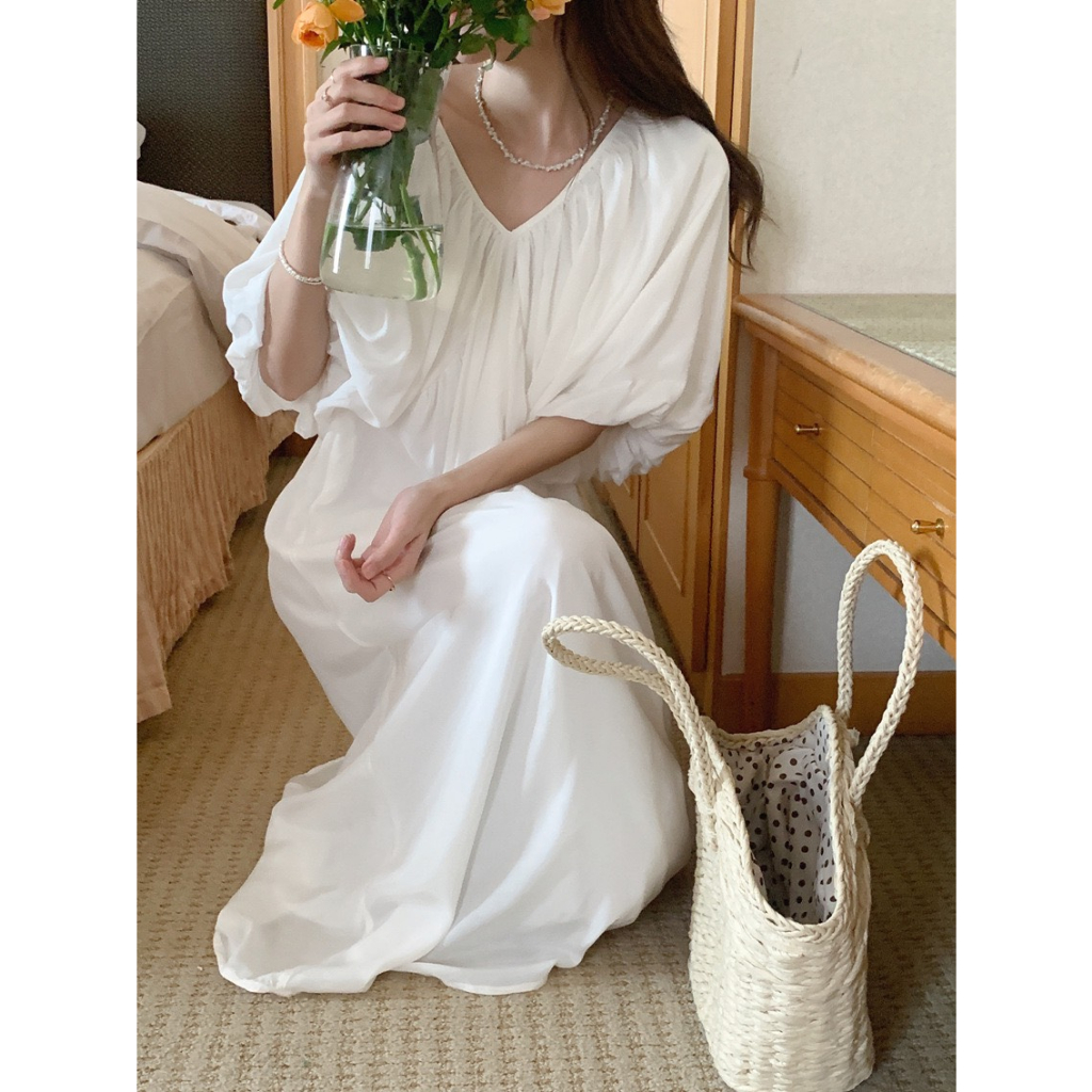 Váy dài midi cổ V, tay phối ren tinh tế che khuyết điểm vai to, Đầm đẹp hack eo freesize dưới 60kg