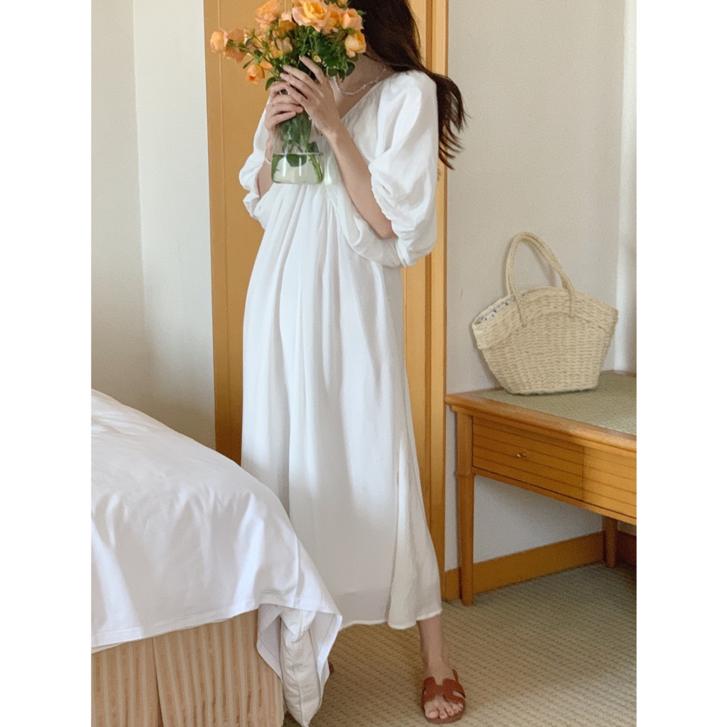 Váy dài midi cổ V, tay phối ren tinh tế che khuyết điểm vai to, Đầm đẹp hack eo freesize dưới 60kg