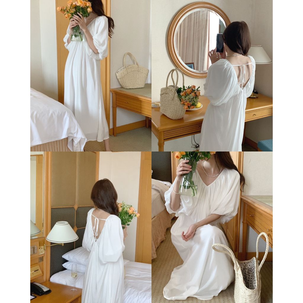 Váy dài midi cổ V, tay phối ren tinh tế che khuyết điểm vai to, Đầm đẹp hack eo freesize dưới 60kg