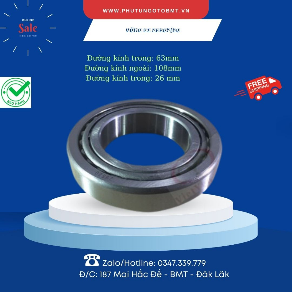 Vòng bi xe tải (bạc đạn bánh) xe tải Jac/ chiến thắng. Mã số 29587/20, F63*F108*26, bi côn